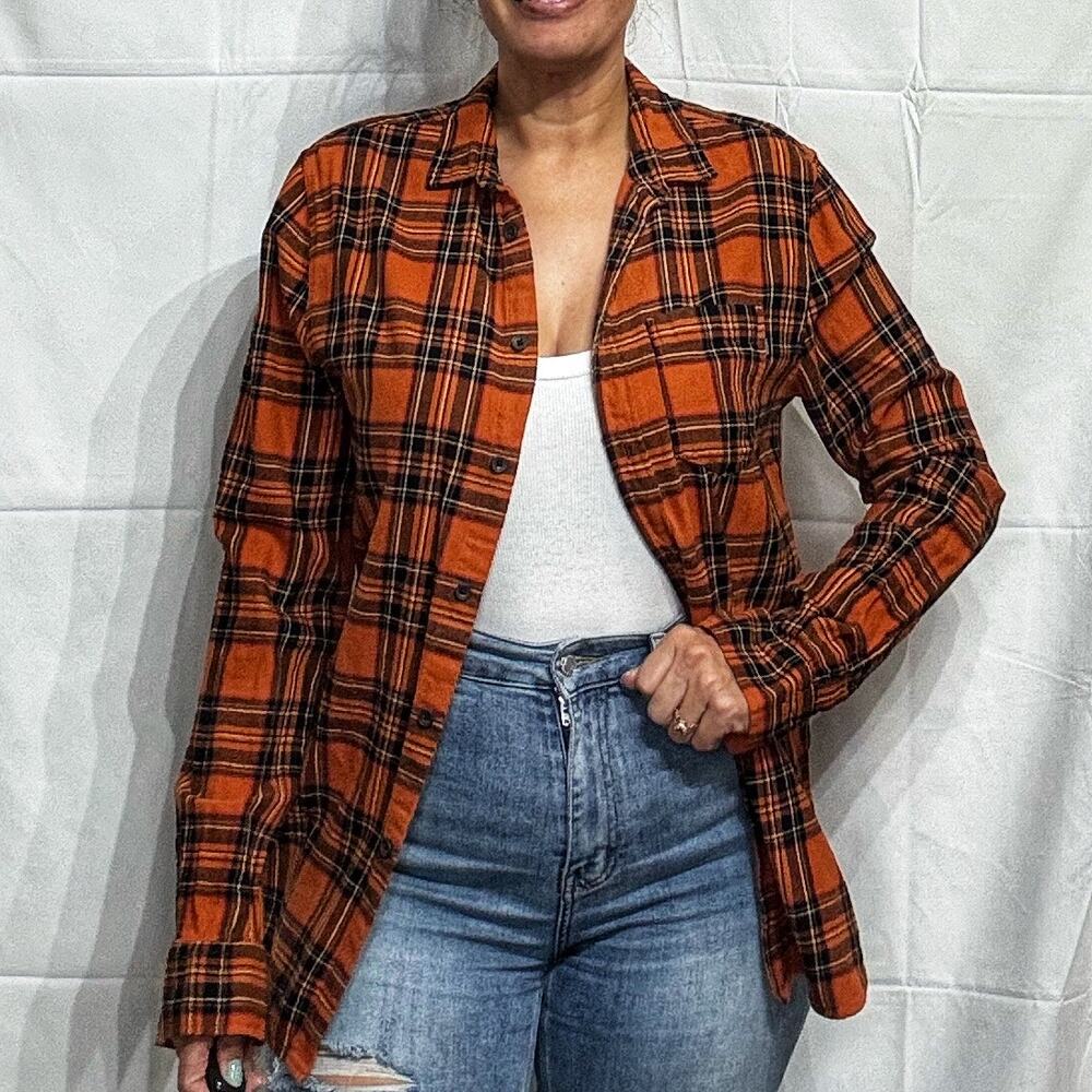 Divided Orange Plaid Long Sleeve Oversized Button Up Sz S